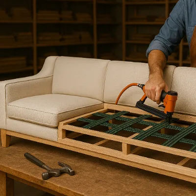 Close-up of sofa spring and belt repair by expert technician at Sofa Masters in Delhi.