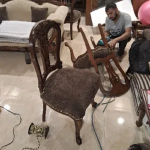 Wooden dining chair seat cushion and fabric replaced by Sofa Masters in Munirka Delhi