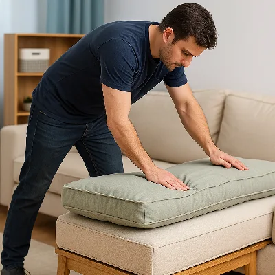 Man refilling sofa cushion with high-density foam for comfort